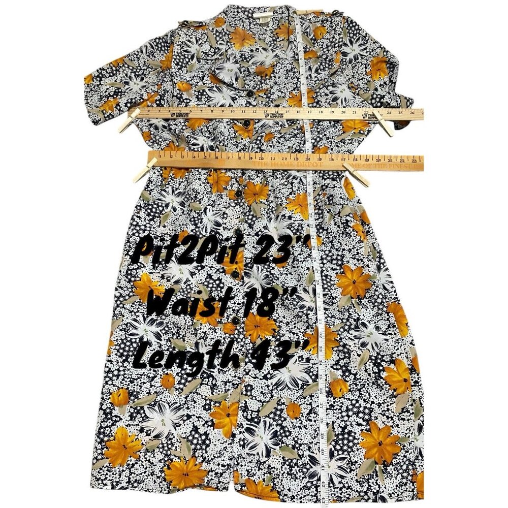 JAS Vintage Dress 2X Floral Midi Short Sleeves Collar Belted Pocket Black Yellow - Picture 3 of 15